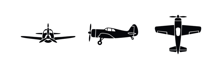Set of vintage propeller airplane icons in front, side, and top-down silhouette views. Ideal for aviation-themed graphics, logos, and illustrations. © Lili