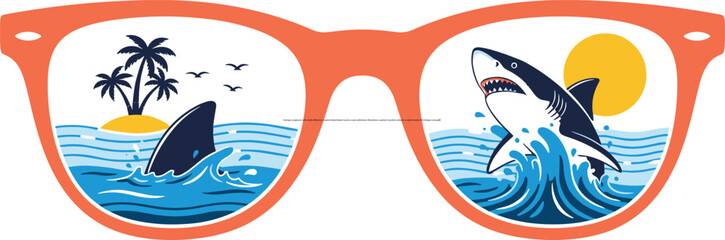 Naklejka premium Orange sunglasses with shark reflection, tropical island beach scene, ocean adventure illustration, summer vacation artwork, creative marine life design concept