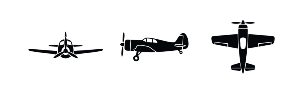 Set of vintage propeller airplane icons in front, side, and top-down silhouette views. Ideal for aviation-themed graphics, logos, and illustrations.