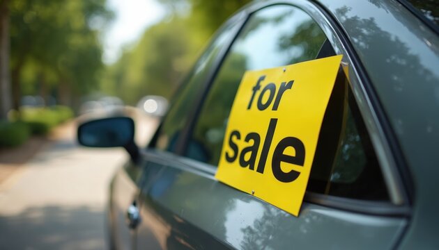 Yellow for sale sign on car window side view parked on suburban street. Selling used automobile outdoors, nobody is near, just vehicle. Opportunity for buyer.