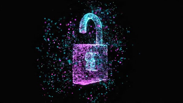 A glowing neon padlock floats in a dark void, its outline formed by pink and cyan specks; sparkling particles swirl, evoking digital security, privacy, and encrypted protection
