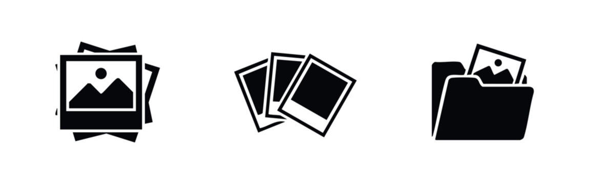 A set of minimalist black icons representing a stack of photos, multiple photo frames, and an image folder on a plain white background.