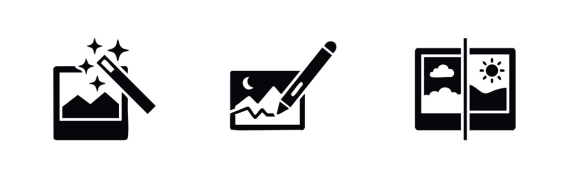 Set of black minimalist photo editing icons including magic wand enhancement, digital drawing stylus, and before-and-after image comparison tools.