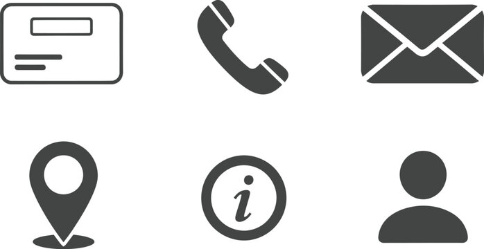 A set of six icons representing various forms of communication and identification on a white background