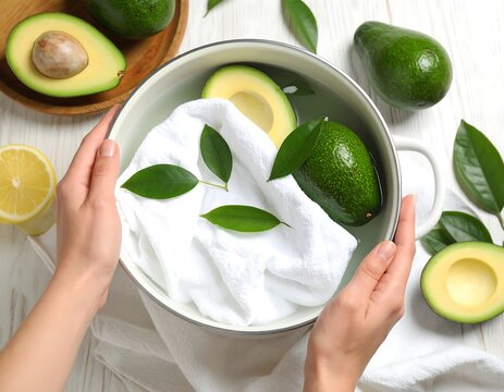 Hands holding a bowl with avocados, towel, and leaves; half a lemon sits nearby. Wooden surface
