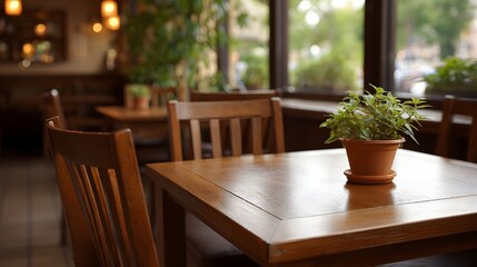 Fototapeta premium A wooden table adorned with a potted plant capturing the peaceful warm ambiance of a bright cafe interior