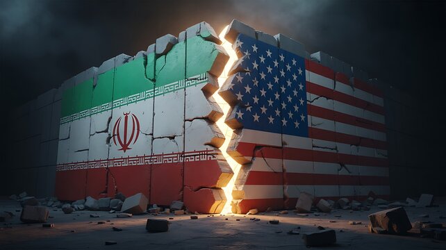 US and Iran flags on cracked wall, symbolizing division and destruction, isolated on transparent background