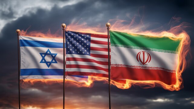 Cinematic digital illustration of US, Israel, and Iran flags on fire, stormy sky