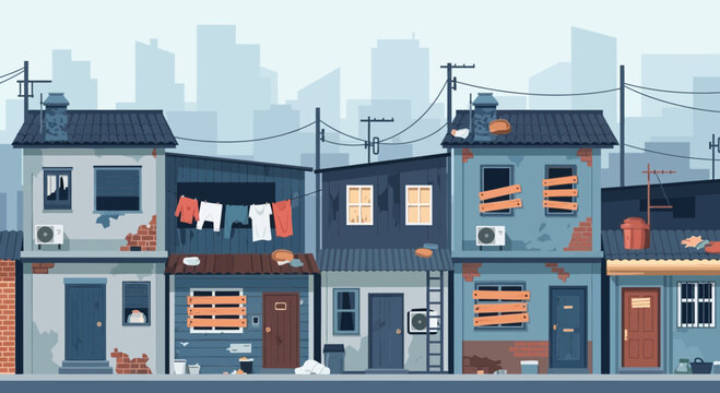 Illustration Of Dilapidated Buildings And The Symbolism Of Societal Disparity