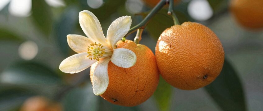 Fresh Orange Fruit and White Citrus Blossom on Tree Branch