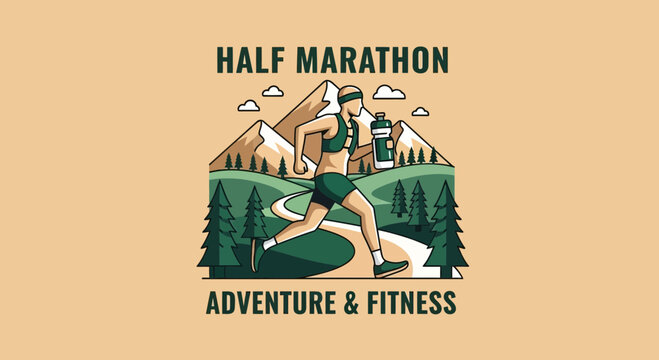Illustration Of Runner Enjoying Half Marathon In A Mountainous Scenery For Adventure and Fitness