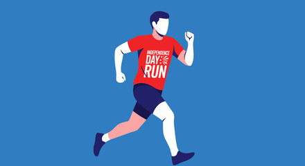 Obraz premium Independence Day Run Celebrated With a Dynamic Athlete Against a Vibrant Blue Backdrop