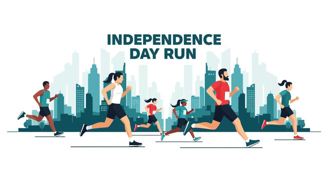 Independence Day Run Celebrated by Diverse Runners in a Modern Cityscape Vector Illustration