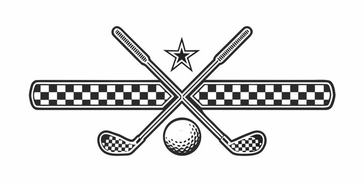Vintage golf illustration featuring crossed clubs a ball and checkered flag