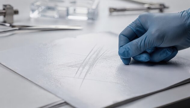 Focused view of scratchresistant biodegradable coating testing on printed covers with subtle shine and laboratory tools softly out of focus in the background.