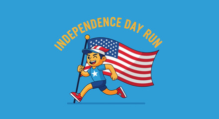 Fototapeta premium Independence Day Run: American Patriotism Celebration With A Cheerful Child Holding A Flag