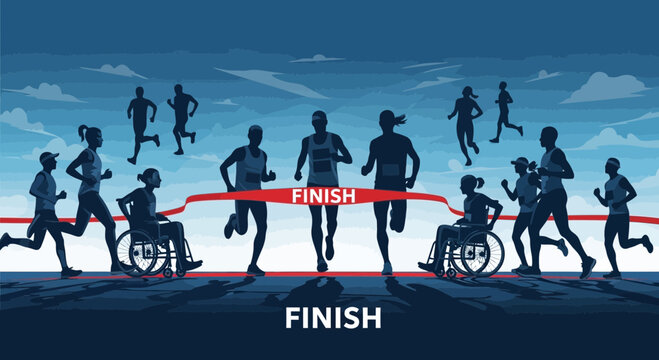 Inclusive Athletes and Runners Crossing Finish Line Depicting Determination and Triumph