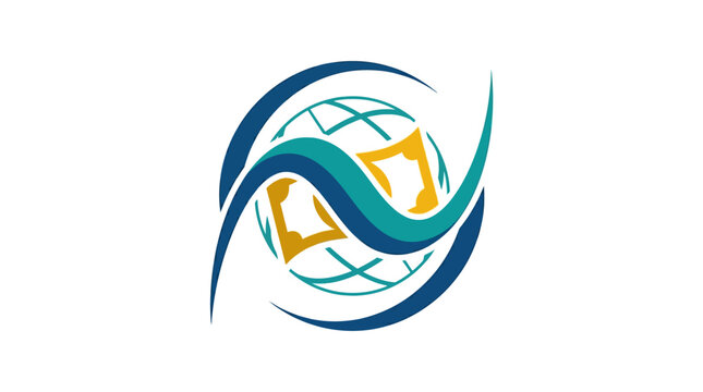 Abstract globe logo with flowing lines and a shield design.