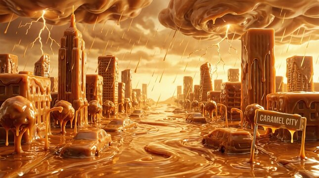 Surreal caramel city experiencing a storm with dripping buildings, melting cars, and streets flooded with sweet brown syrup, creating a tempting and bizarre dessert scene
