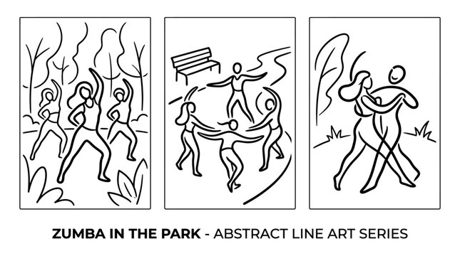 Abstract Line Art Depicting Zumba Dancing in a Park Setting.