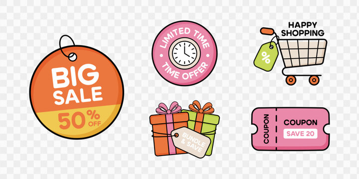 Sale and discount icons set with coupon, shopping cart, gift and price tags