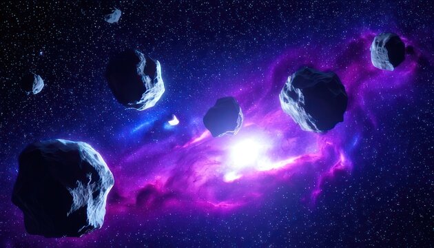 Asteroid Field in Deep Space with Nebula and Star.