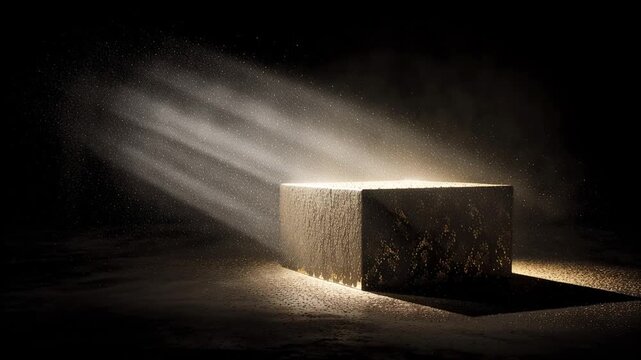 Box covered in dust particles under dramatic spotlight creating moody minimal product scene with texture contrast and cinematic atmosphere