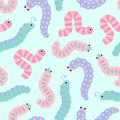 Obraz premium Cute caterpillar seamless pattern. Worms, caterpillars and slugs larva crawling on light pastel background. Minimal nursery kids doodle print. Colorful forest creatures for funny summer design.