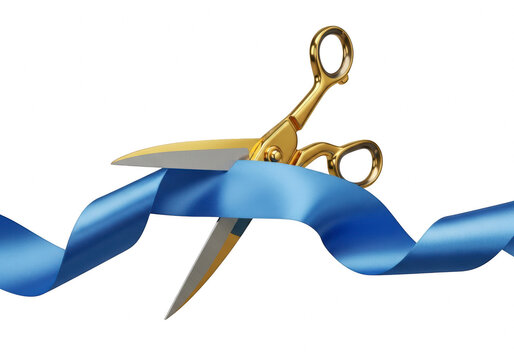 Golden scissors cutting through a blue ribbon on a transparent background for a ceremonial event or grand opening celebration