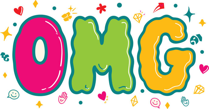 Colorful omg text with fun emoticon decorations and symbols