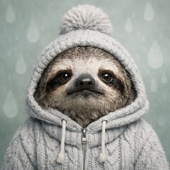 Fototapeta premium Sloth in Hooded Sweater : An adorable sloth, wrapped in a cozy hooded sweater, gazes intently. The sloth exudes an aura of warmth and comfort in a tranquil rain shower.