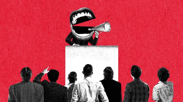 Crowd facing speaker with megaphone head at podium on red textured background. Concept of mass influence, political propaganda, public manipulation, authority pressure and collective opinion control.