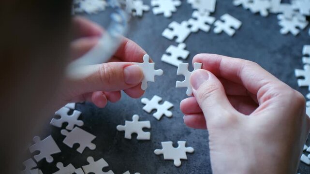 Close up hands putting together two white jigsaw puzzle pieces, dark table, symbolizing problem solving, connection, achieving goal through teamwork, strategy. Woman connecting white jigsaw puzzle