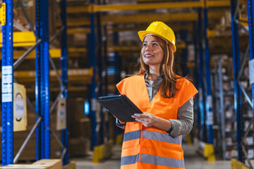 Female Warehouse Worker Wearing Hard Hat And High Visibility Vest With Tablet Inspecting Inventory