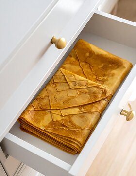 An open drawer filled with a neatly folded stack of golden-brown, thin crepes, perhaps for dessert, arranged in a white wooden cabinet