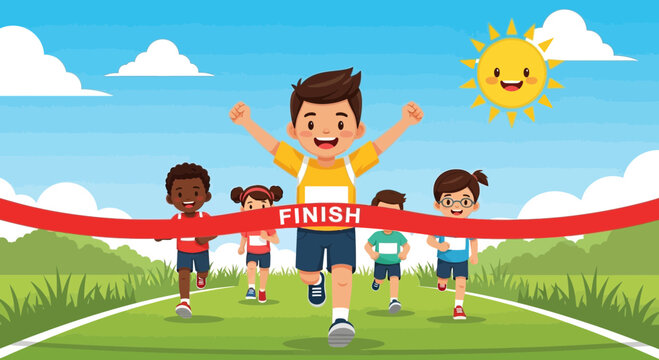 Joyful Children Celebrating Athletic Triumph After Crossing Finish Line During a Race