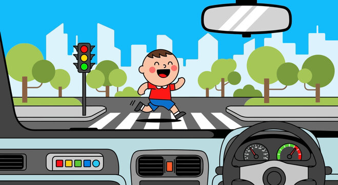 Joyful Child Crossing Road Near Vehicle In Modern City While Traffic Lights Are Green