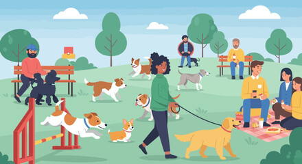 Fototapeta premium Joyful Day In Park As Diverse Group of People Socialize and Enjoy Dogs Playing
