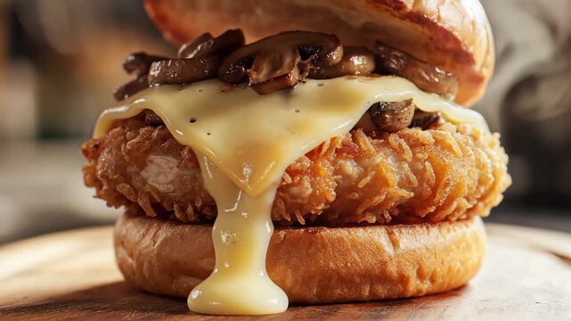 Gourmet Crispy Chicken Burger with Melted Cheese and Mushrooms on a Rustic Wooden Background Board