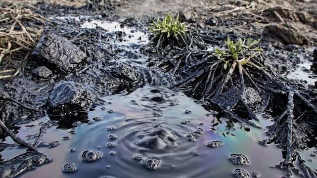 Oil spill polluting water with toxic bubbles and iridescent residue