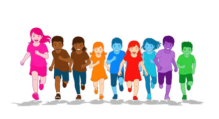 Fototapeta premium Joyful Kids Running Together Depicting Friendship and Vibrant Energy in Illustration
