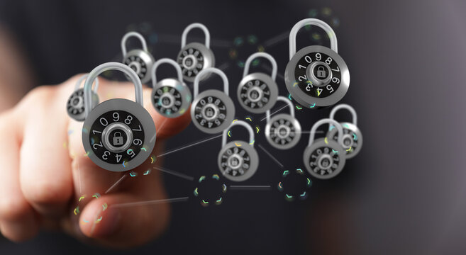 Hand interacting with digital locks, representing cybersecurity and data protection. Visualizes access, privacy, and saf