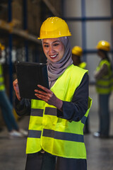 Obraz premium Female Engineer Wearing Hijab and Hard Hat Using Tablet During Warehouse Safety Inspection