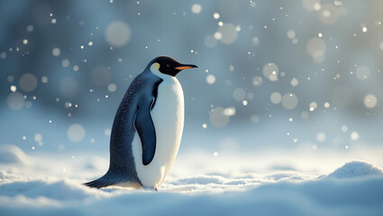 Obraz premium Penguin_walking_alone_in_a_serene_winter_landscape_