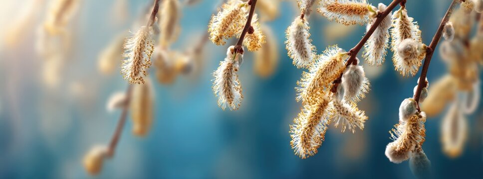 Delicate pussy willow catkins illuminated by golden sunlight against a soft blue background