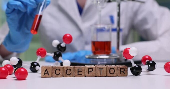 Wooden blocks spell Acceptor near molecular models and test tube with reagent. Scientist holds tube measuring sample while recording chemistry results