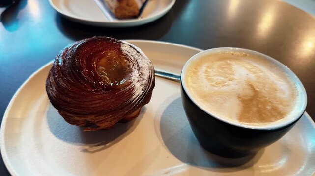 Cappuccino and chausson aux pommes on table in French cafe, cozy breakfast scene. High quality 4k footage