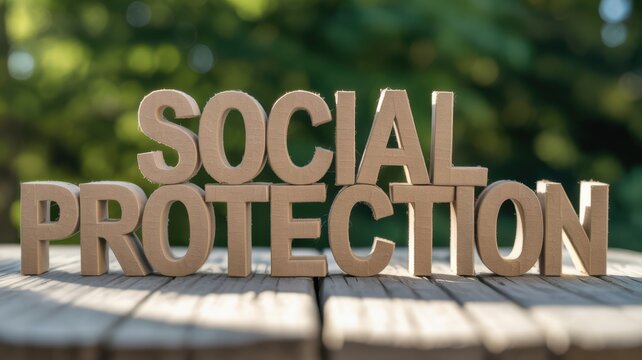Wooden blocks spelling social protection on a table outdoors