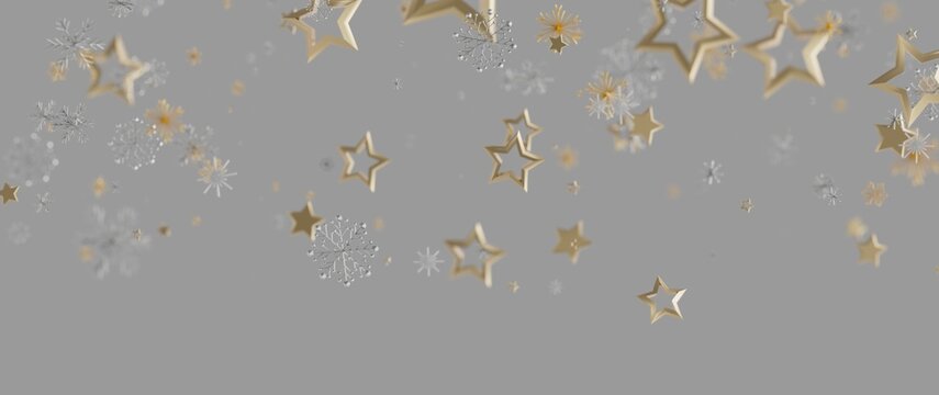 Elegant winter holiday background with shimmering gold stars and silver snowflakes floating on a so