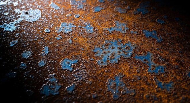 Close up of rusted metal surface with peeling blue paint texture.